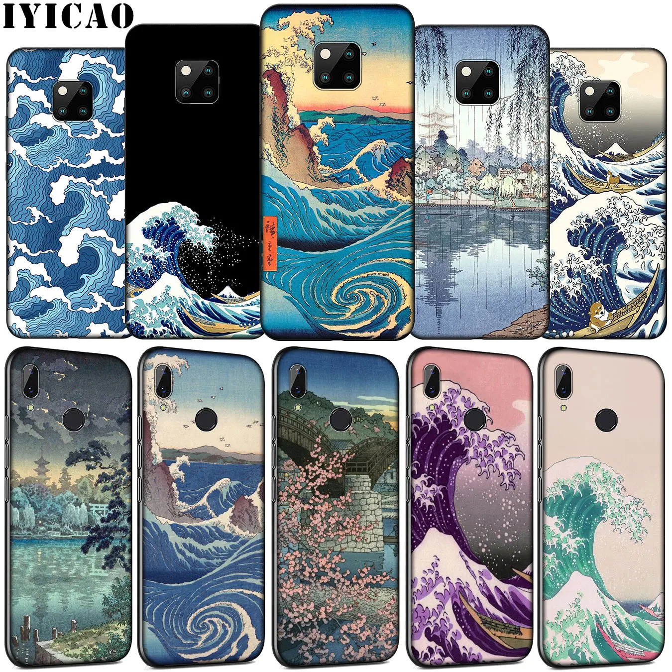 IYICAO Wave Art Japanese Green Illust Soft Silicone Phone Case for Huawei Mate 30 20 10 Pro Nova 5i 4 3 3i 2i 2 Lite Black Cover | Мобильные