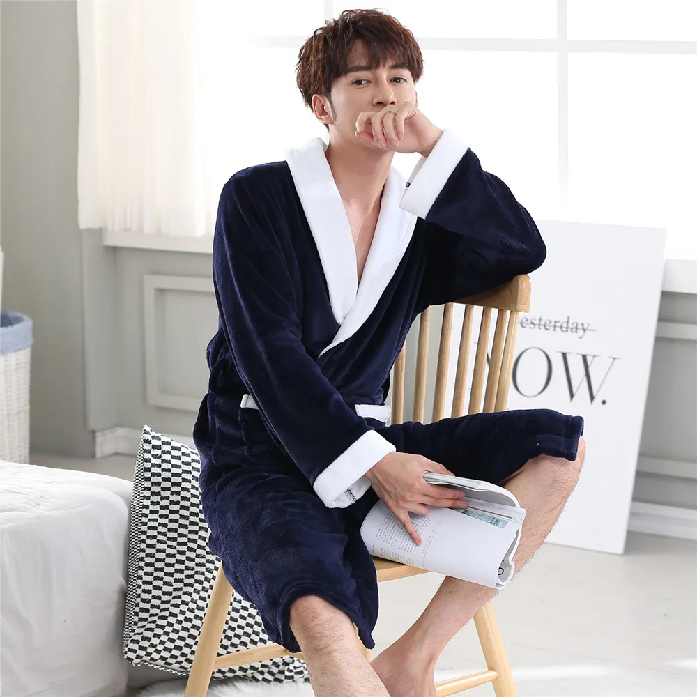 

Elegant Solid Men Navy Blue Homewear Winter Keep Warm Flannel Kimono Robe Gown Sleepwear Nightgown Casual Soft Bath Gown Pajamas