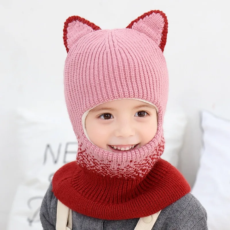 Детская зимняя шапка, детский вязаный цельный наушник, модная ветрозащитная бархатная теплая шапка для защиты лица, шапки для детей