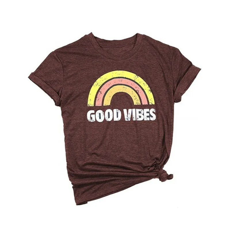 Футболка Good Vibes, женская футболка, милые топы, короткий рукав, буквенный принт, радужная графическая футболка, женская одежда - Цвет: 2