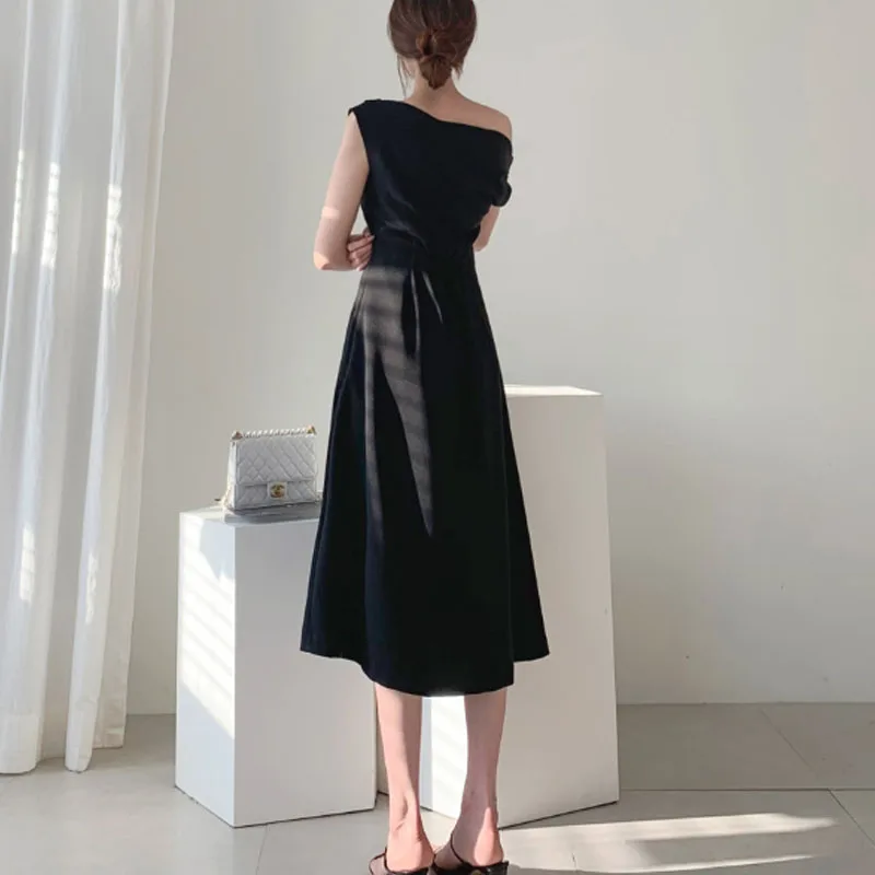 Office Women Female Dress Chic Korean Summer Word Collar Strapless Waist Fashion Long Dress Elegant Dresses Vestidos 2020