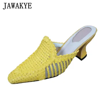 

Pointed Half wrap toe Kitten heels Slippers Women Nude yellow Straw Woven Gauze Hollow out Summer Mules 2020 New Shoes woman
