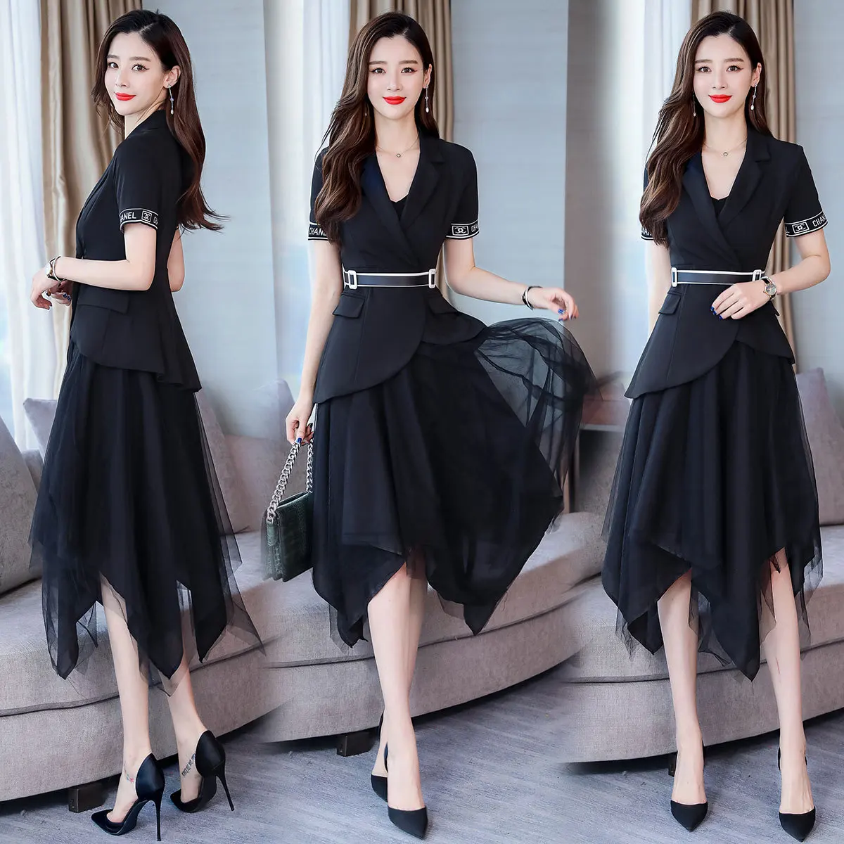 

Fashion Debutante Elegant Solid Color Dress Mid-length 2019 Spring Versatile Short Sleeve