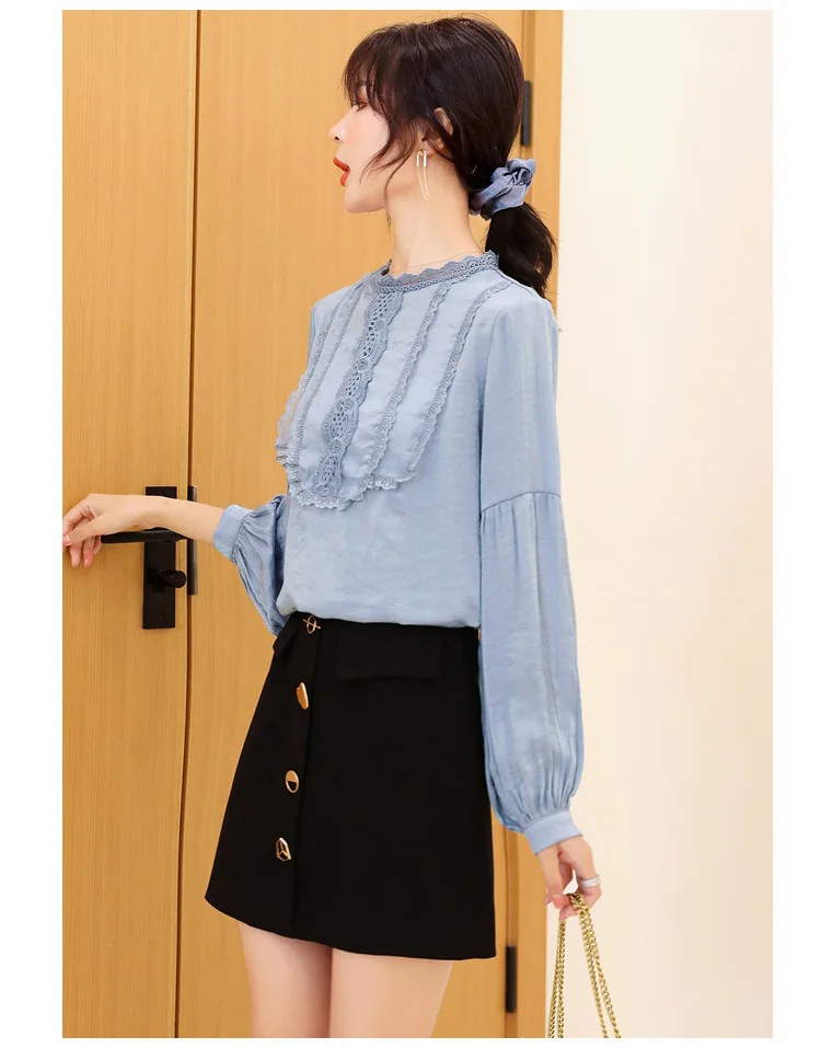 Женская блузка, blusas mujer de moda, длинный рукав, шифон, кружево, рукав-фонарик, chemisier femme nouvelle, коллекция 6959 50