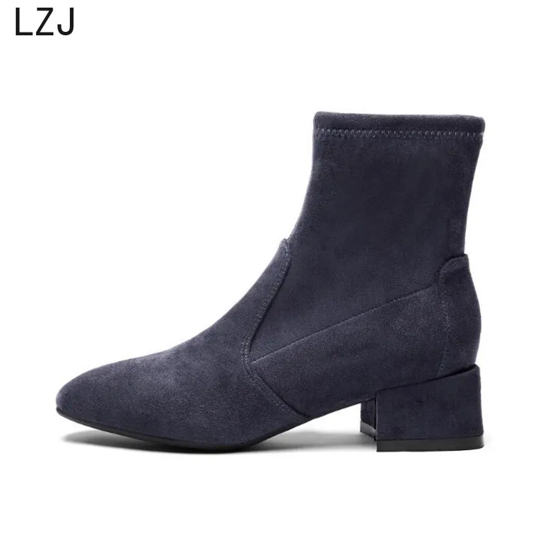 

LZJ 2019 Women Booties Fashion Ankle Boots Square head Winter Shoes Autumn Square Heels Booties Thick heel Suede Women Boots