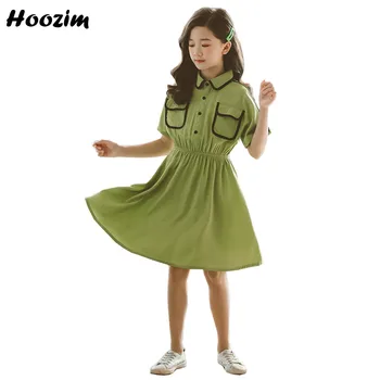 

2020 High Street reen Minimalist Front Button Knee Length Dress Girls 4-16 Years Fashion Short Sleeve a Line Dresses For Teens