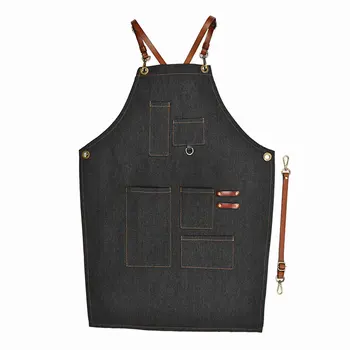 

Casual BBQ Removable Barista Bartender Leather Strap Uniform Chef Adjustable Denim Baker Fashion Work Bib Apron