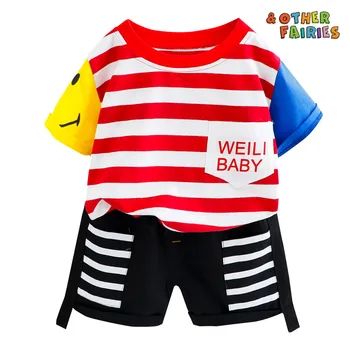 

Baby boy clothing summer new short-sleeved shorts two-piece striped letter printed pocket short-sleeved T-shirt casual baby suit