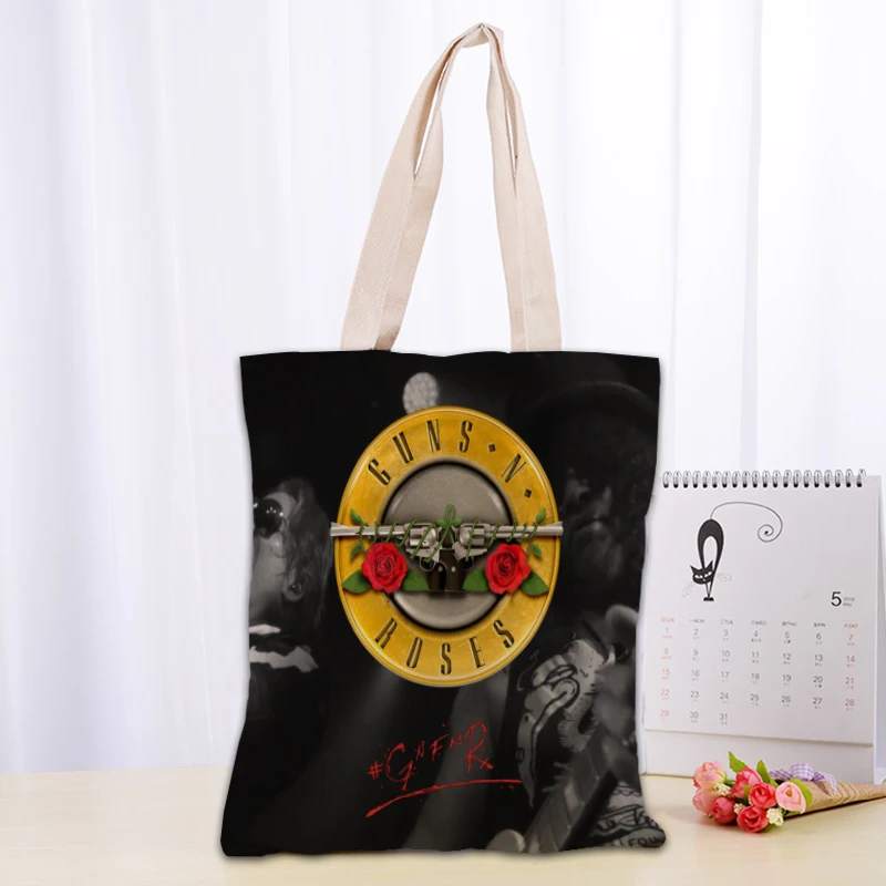 Custom Guns N Roses Tote Bag Women Canvas Fabric Bags Eco Reusable Shopping Bags Traveling Beach Casual Useful Shoulder Bag