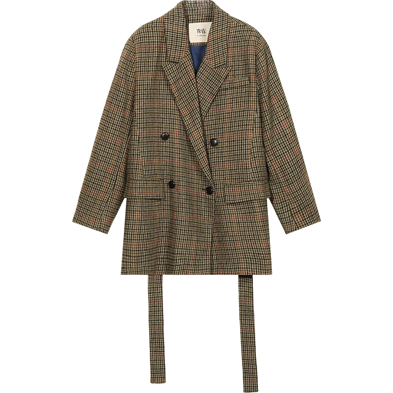 SAM'S TREE клетчатое Женское пальто с пуговицами спереди и графикой, осень, длинный рукав, пояс, Повседневный корейский Британский стиль, Женские базовые Топы - Цвет: Коричневый