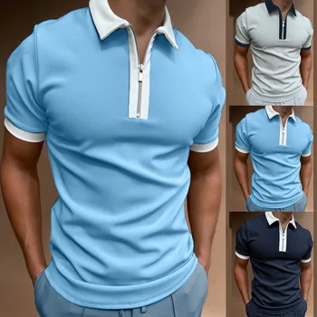 2021 Men's Simple Comfy Zipper Top Turn-down Collar Blouse Swallow Gird Splice Polos Shirt High Quality Daily Casual Polos Shirt 1