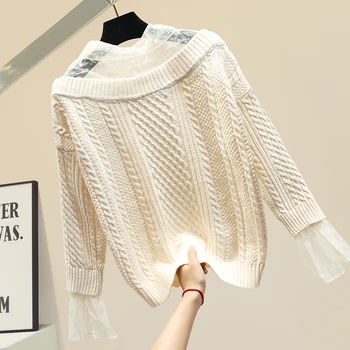 

Lace Sweater Women Winter Knit Top Women's Long-Sleeve Thick Tweed Sweater Women's Loose-Fit Outer Wear Pullover Femme Nancylim