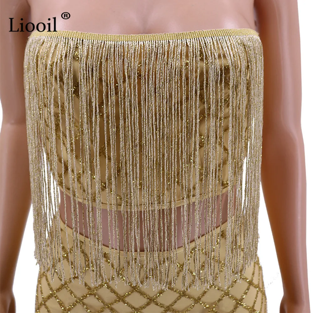Liooil Золото из двух частей наряды комплект кисточкой Bodycon мини платье Сексуальная Клубная одежда без рукавов без бретелек узкие платья женские Вечерние