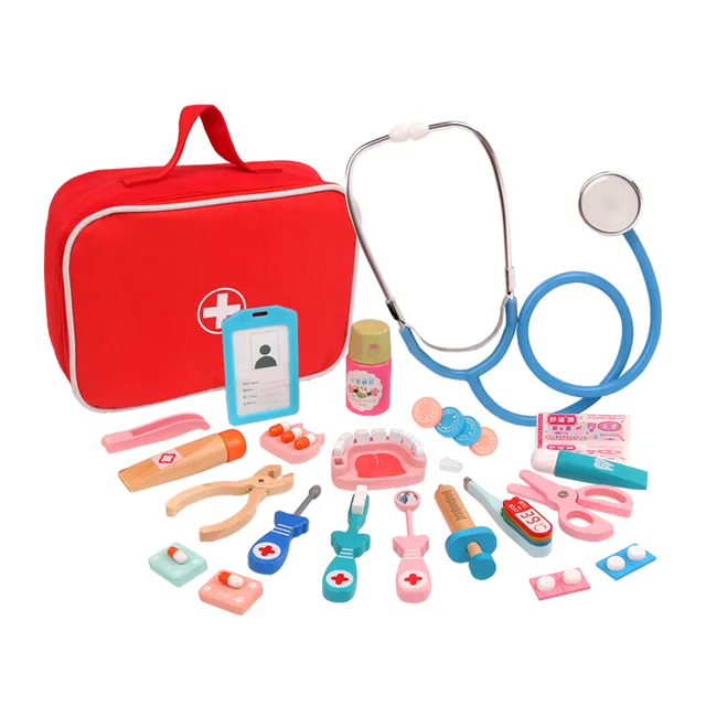 Wooden Doctor Toy Set Simulation Family Doctor Nurse Medical Kit Pretend Play Hospital Medicine Montessori Kid Toys For Children 4