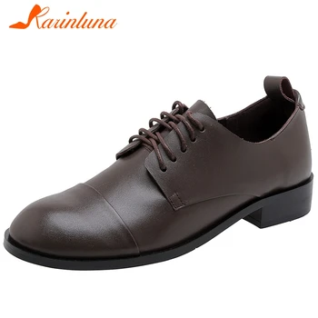 

KARINLUNA Spring New Ladies Casual Med Chunky Heels Pumps Elegant lace-up Pumps Women Ol Genuine Leather Shoes Woman