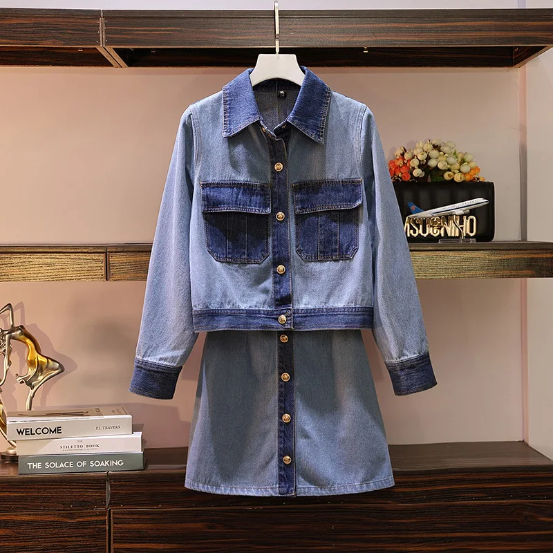 

2019 Autumn New Style Large Size Dress Large GIRL'S Fashion Slimming Jeans Coat Skirt Two-Piece Set Women's Fashion
