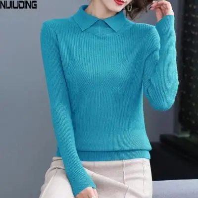 

NIJIUDING Long-sleeved High-neck Pullover Sweater Women Solid Color Lapel Loose Loose Micro-elastic All-match Knitted Top Women