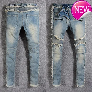 

washed Men's vintage denim fringe biker jeans for moto Fashion slim fit straight patchwork pants for big and tall