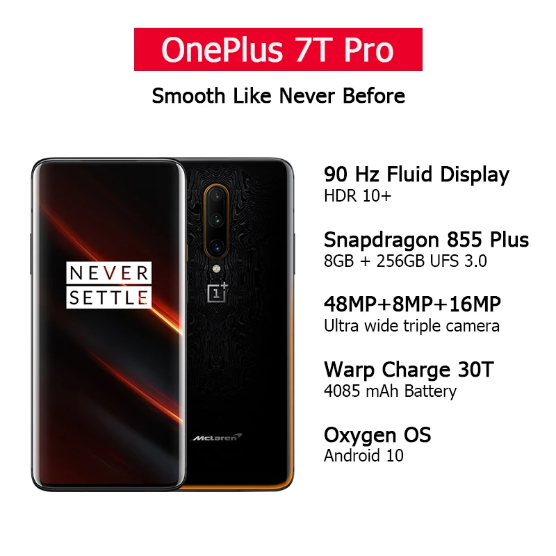 Смартфон OnePlus 7T Pro с глобальной прошивкой, 12 Гб, 256 ГБ, mlaren Snapdragon 855 Plus, 6,67 ''жидкий AMOLED экран 90 Гц, камера 48 МП, UFS 3,0