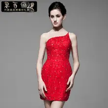 Формальные Вечерние платья на одно плечо Короткие дизайнерские платья для невесты платья для выпускного вечера с красным кружевом и бисером