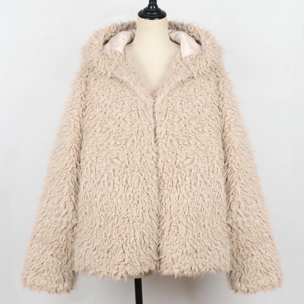 Beige JAYCOSIN зимняя женская Высококачественная куртка из искусственного меха Роскошная куртка с капюшоном Свободное пальто толстые теплые женские плюшевые пальто больших размеров - Цвет: Beige
