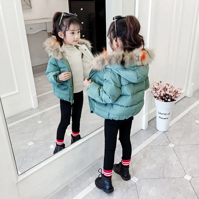 

2019 New Style Children down Jacket Cotton-padded Clothes Autumn And Winter BOY'S Girls plus Velvet Warm Genuine Fur Collar Cott