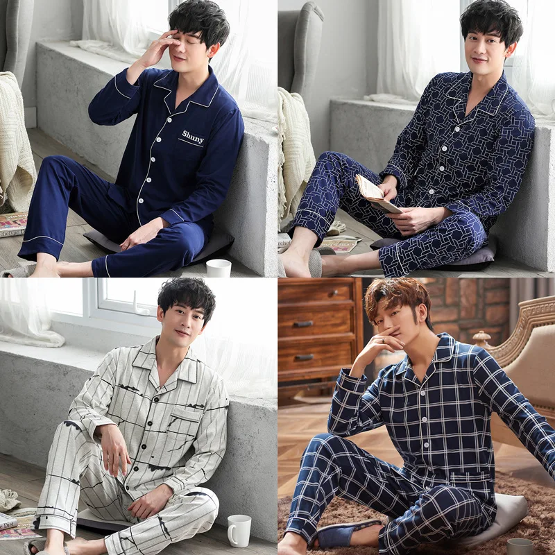 

2020 Pijamas Hombre Spring And Autumn Men's Pure Cotton Pajamas Korean Cardigan Thin Large Plaid Home Clothes Two Piece Suit