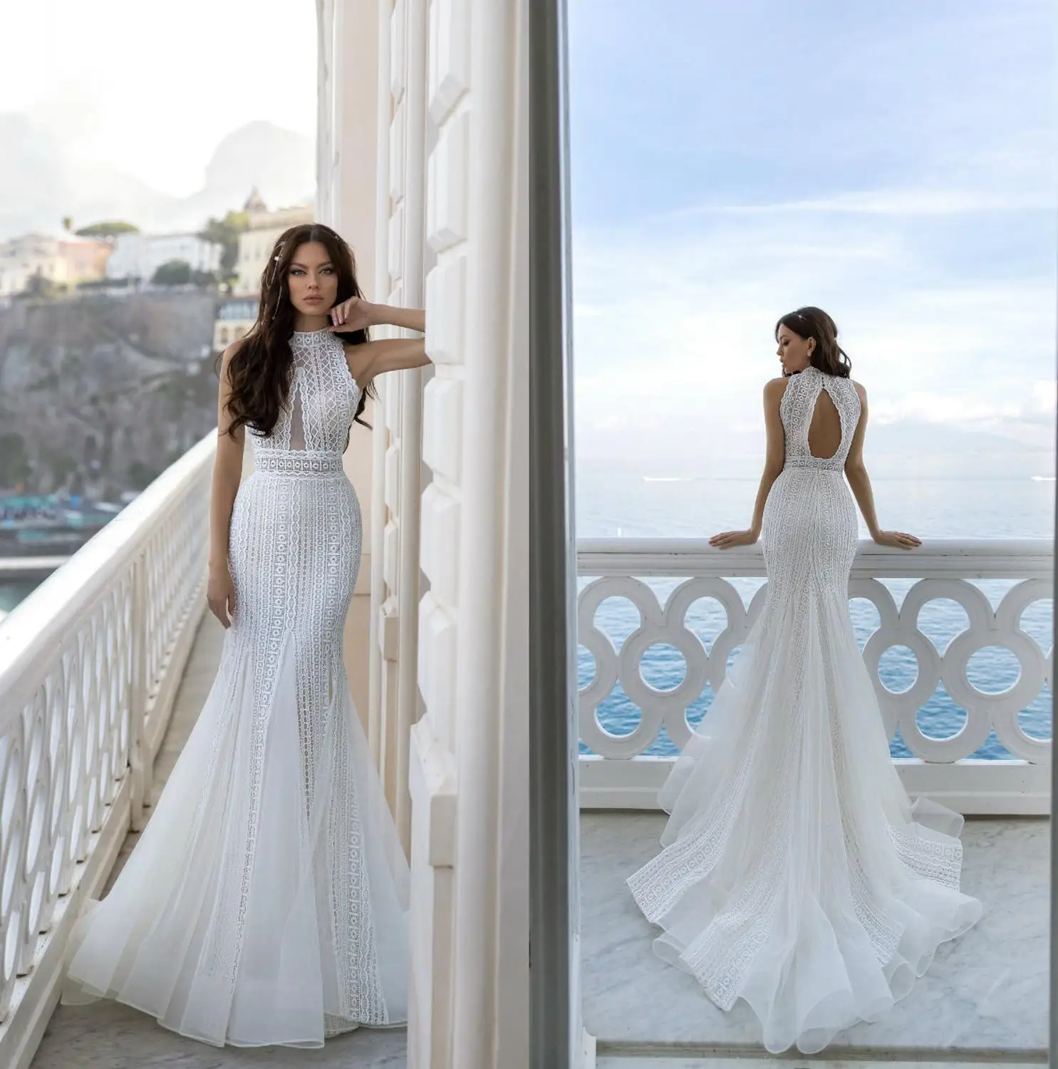 

Lace Mermaid Wedding Dress 2020 High Neck Appliques Sleeveless Beach Wedding Dresses Custom Made Vestido De Fiesta De Boda