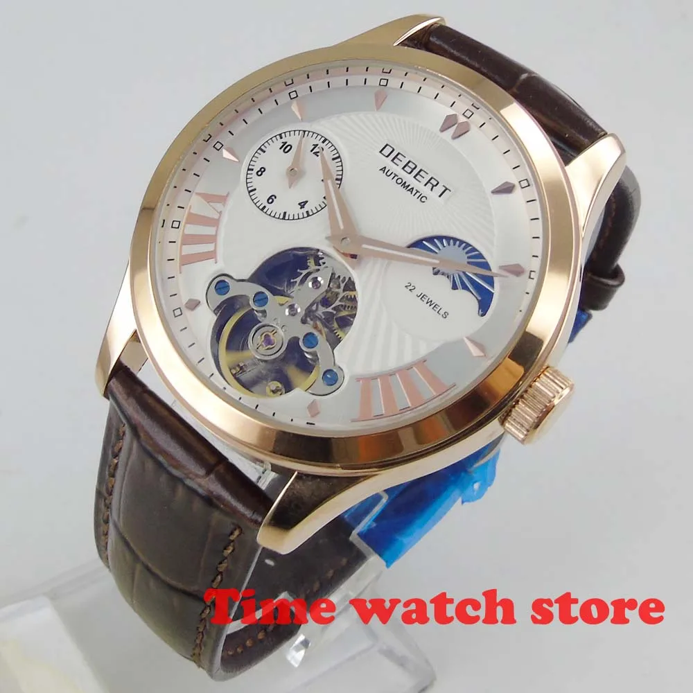 2019 new 41mm Debert Mechanical watch men gold silver waterproof leather strap white blue dial Hombre Automatic steel dc8247 | Наручные
