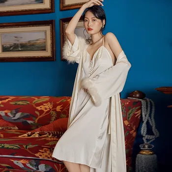 

Nightgown Women Autumn Winter Sling Sexy Nightdress Feather Loose Fashion Cardigan Lace-up Female Silk Nightrobe Home Clothes