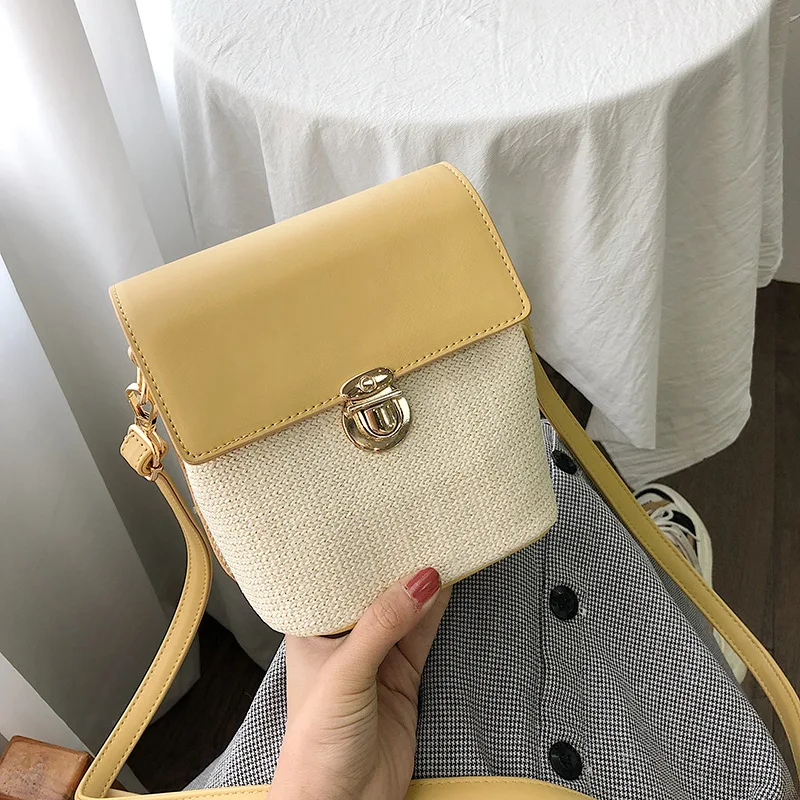 

Summer Straw Bag Women's 2020 New Style Korean-style Contrast Color Bucket Bag Rattan Seaside Holiday Knitted Messenger Bag