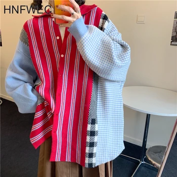 

2019 Autumn Winter New Pattern Lapel Long Sleeve Hit Colors Striped Patchwork Single Breasted Knitting Sweater Women V671
