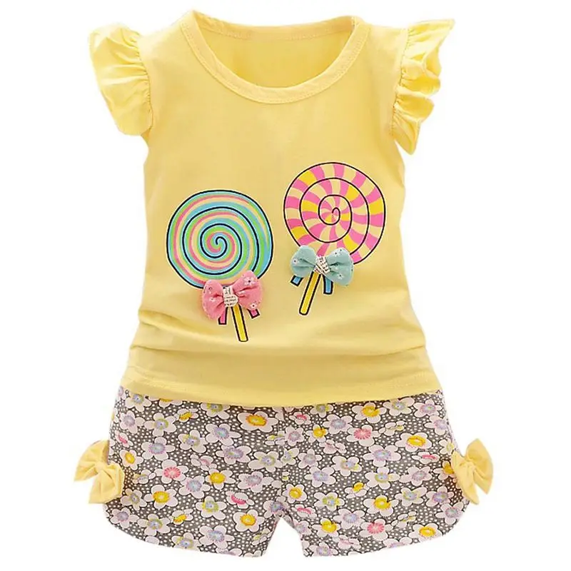 Детский костюм из 2 предметов для маленьких девочек, футболка с леденцом, топ+ шорты, комплект одежды