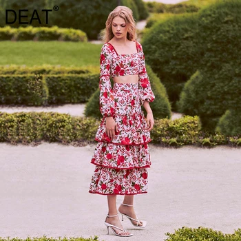 

DEAT 2020 New Spring Summer Hit Color Print Square Collar Lantern Sleeve Pullover Tops High Waist Multi-layer Skirt Set PE004
