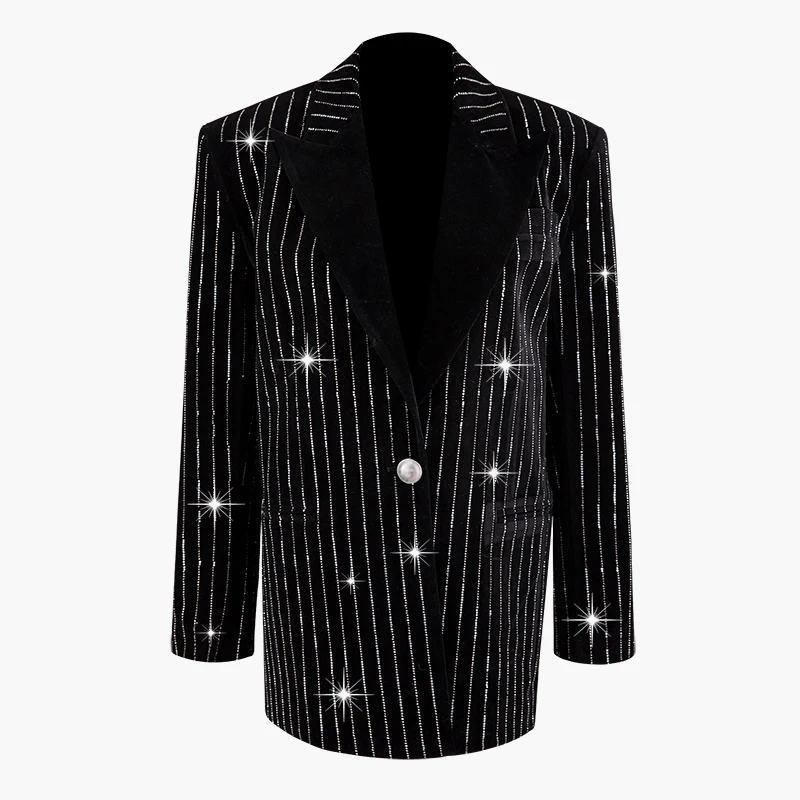 Вертикальная полоса, Горячая дрель, blingbling, тяжелая промышленность, длинный рукав, лацканы, одна пуговица костюм, Женская роскошь C1209