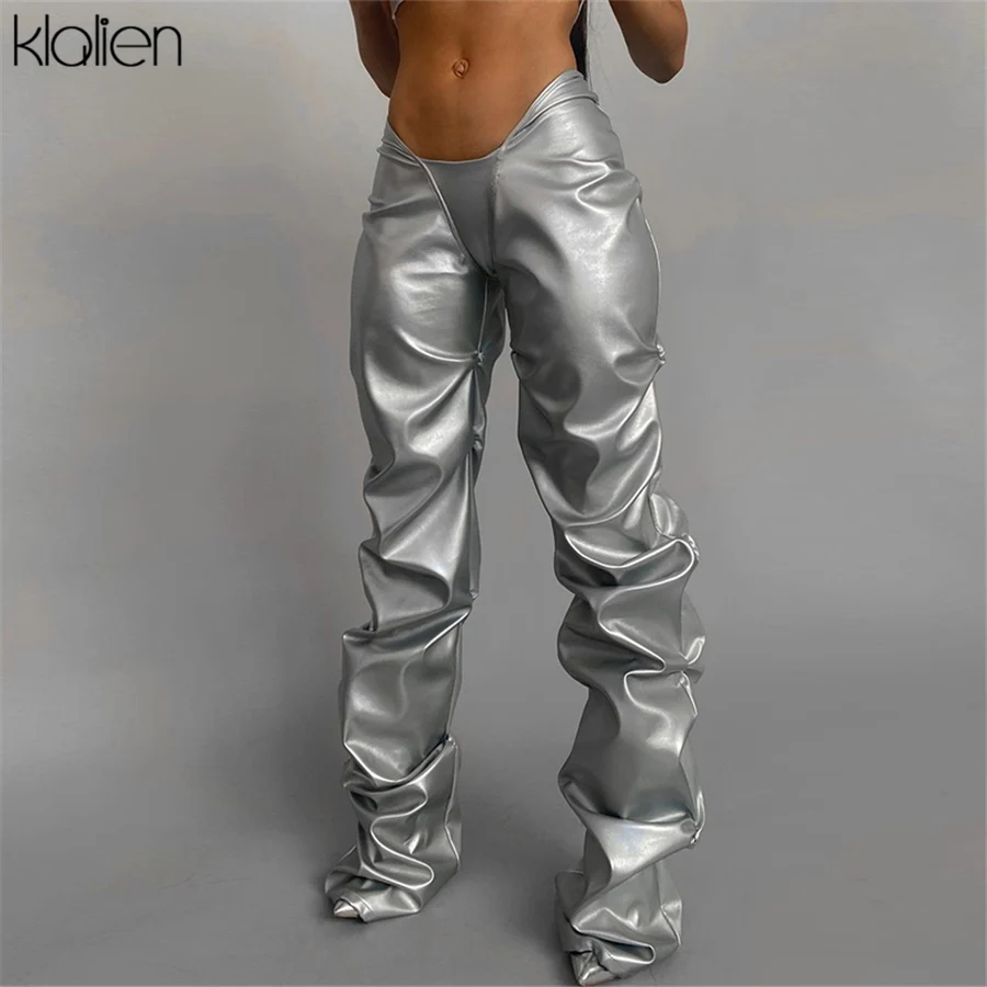 

KLALIEN Autumn Fashion Casual PU Leather Stacked Pants For Women Autumn New Skinny Stretch Wild Basic Female Leggings Y2K