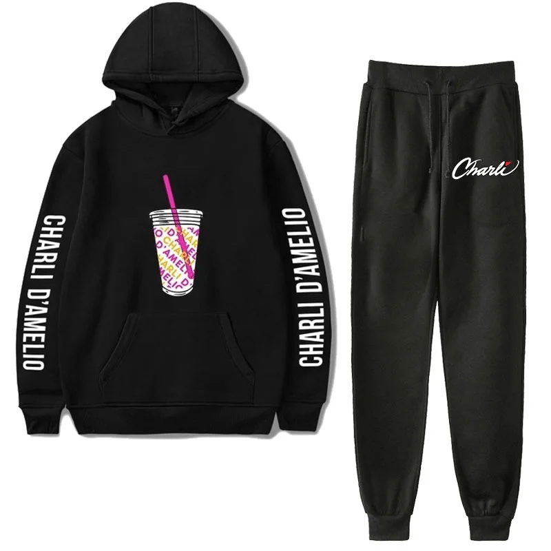 

Fashion Charli Damelio Hoodies Trousers 2pcs Set Unisex Hooded Sweatshirts Pullovers Long Pants Sets Oversized Tracksuits Outfit