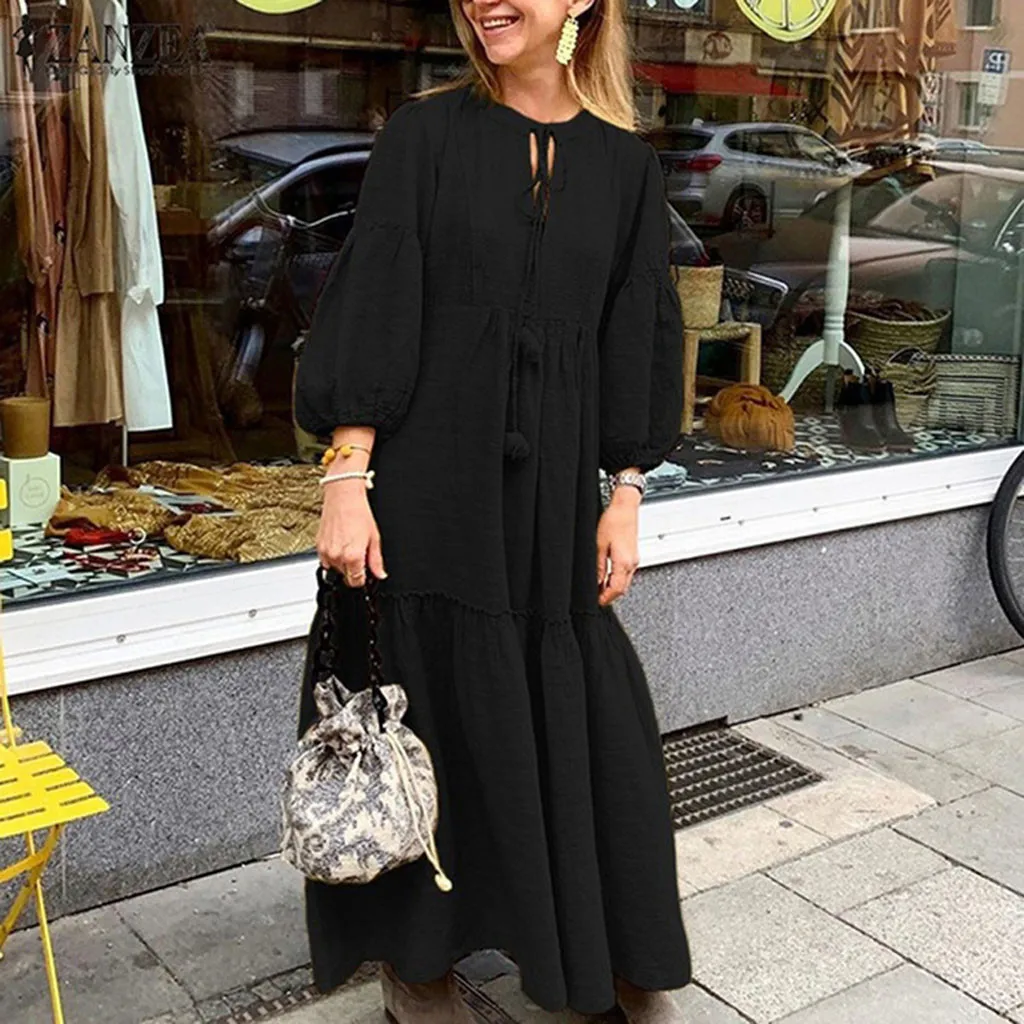 Boho зимнее Длинное Платье женское осеннее однотонное с круглым вырезом Фонарь