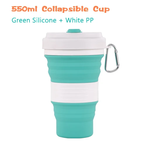 White Green Дорожная силиконовая кружка, 550 мл, кофейные чашки, без бисфенола, складные, Кремнеземные, походные кружки, портативные, телескопические, для питья, складные, герметичные - Цвет: White Green
