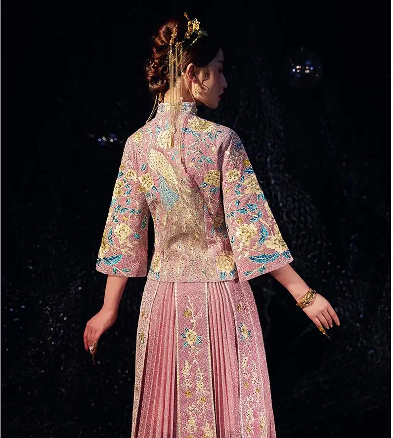 Традиционный китайский стиль свадебное платье невесты тост античный Cheongsam Винтажный Розовый Элегантный современный Азиатский Свадебный тонкий одежда