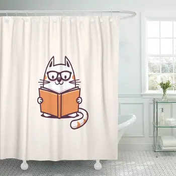 

Animals Cute Geeky Cat Reading Book Cartoon Education Eyeglasses Waterproof Polyester Fabric Shower Curtain 60 x 72 inches Set