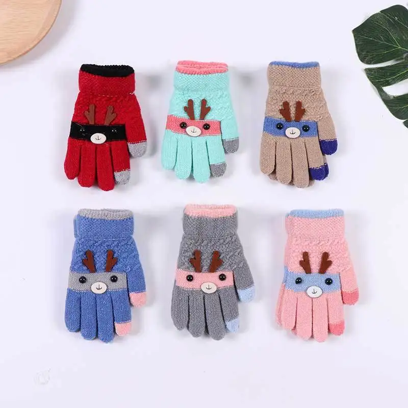 AHB От 5 до 9 лет, зимние детские перчатки, плотные теплые вязаные перчатки, рукавицы на запястье с милым мультяшным оленем, рождественские детские перчатки