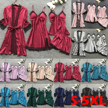 

4-Piece Set Robe women's Sleep Tops Silk Lace Robe Dress Babydoll Sleepwear Nightdress Pajamas Set пижама