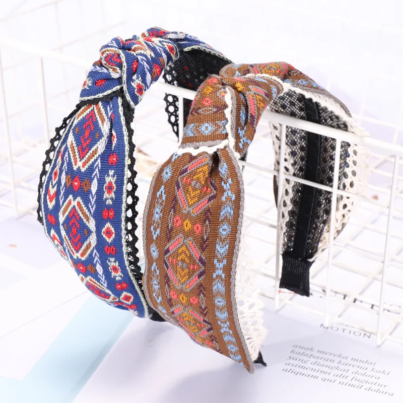 South Korea Dongdaemun Import Celebrity Style High Quality National Wind Embroidered Fabric Hipster Hair Bands Knot Pressure Hea