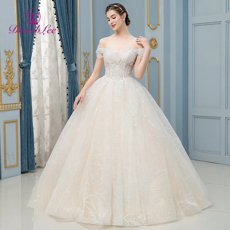 DressbLee цвета слоновой кости свадебное платье бальное платье с горловиной лодочка суд Поезд свадебное платье es Кружева Вышивка Свадебные платья vestido-de-noiva