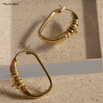 

HUANZHI 2020 New Golden Silver Color Minimalist Metal Geometric Big Circel Round hoop Earrings for Women Girls Jewelry Retro