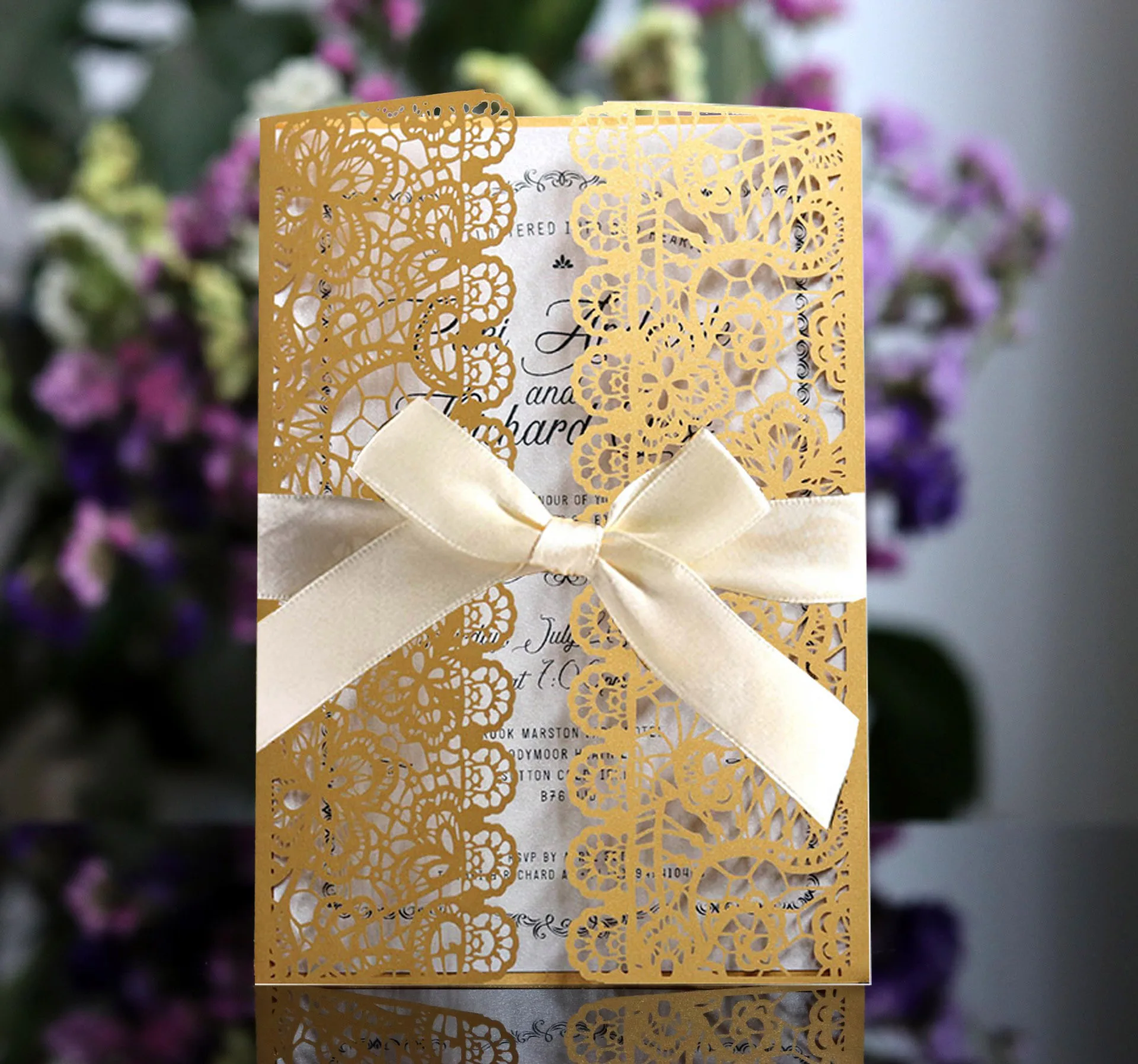 10pcs Elegant Luxury Flora Laser Cut Wedding Invitations Card Paper With Ribbon Envelopes Customize Party Wedding Decoration