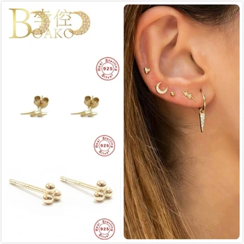 

Punk 925 Sterling Silver Earrings For Women/Men Gold Ball Nose Ear Bone Piercing Studs Girl Lightning Moon Zircon aretes