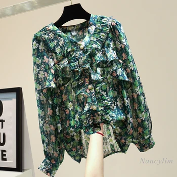 

Woman Vintage Floral Chiffon Shirt 2020 Autumn Korean Style Loose Ruffled Long Sleeve Casual All-match Ladies Blouse Blusas