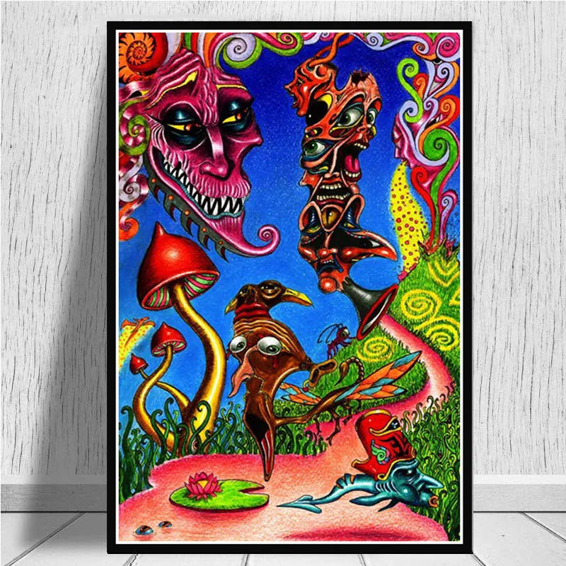 Абстрактная кислота Lsd акриловая живопись Psychedelic Blacklight плакат с грибами печатает картинка на холсте на стену Картина гостиная домашний декор